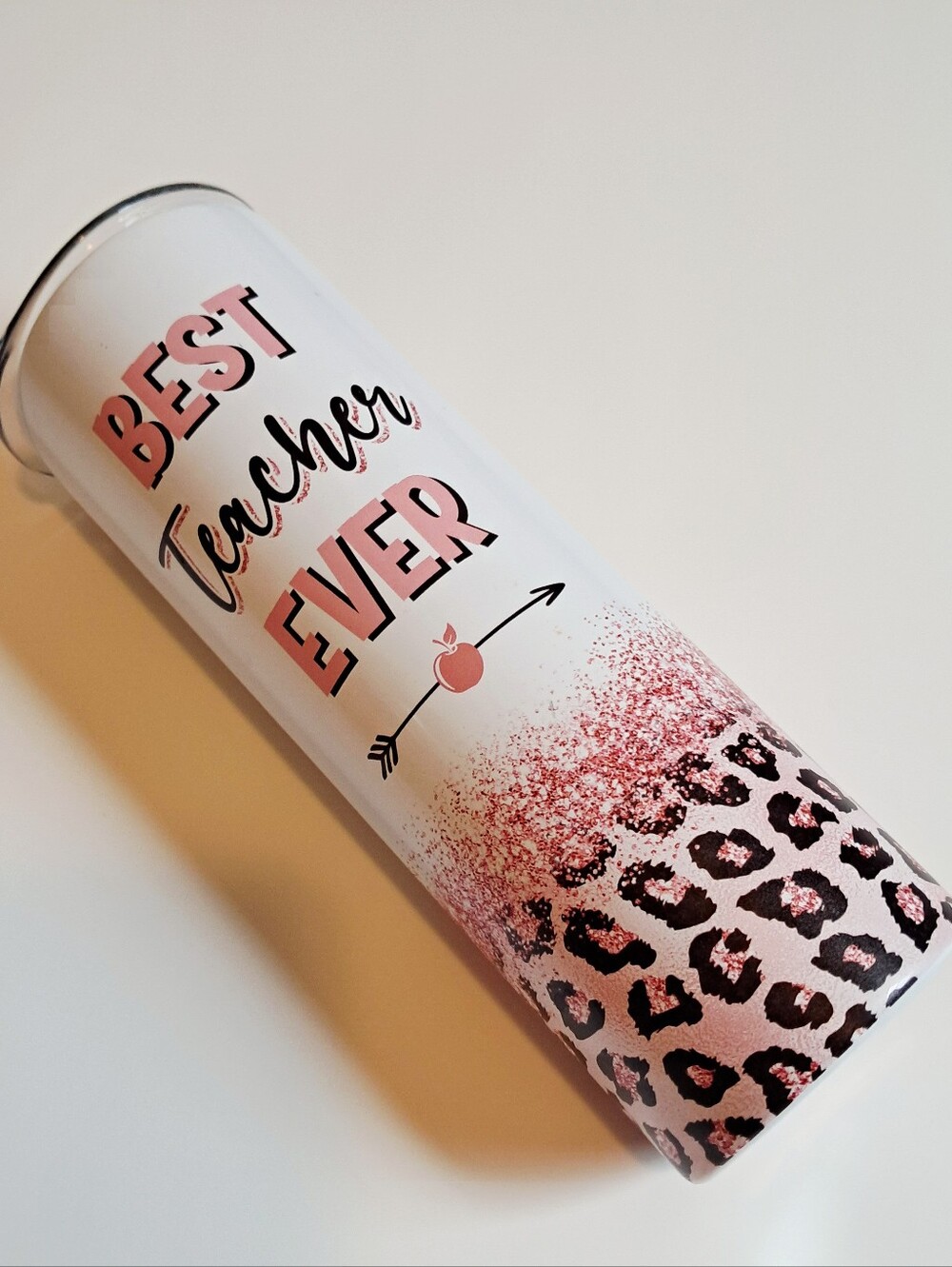 Best Teacher Ever Glitter Leopard Travel Tumbler - Pink & White
